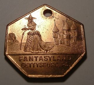 Vintage Amusement Park Souvenir Good Luck Fob Medal Fantasyland Gettysburg Pa