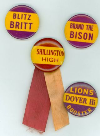 4 Vintage 1940s - 50s Shillington Dover High Football Pinback Buttons Blitz Britt