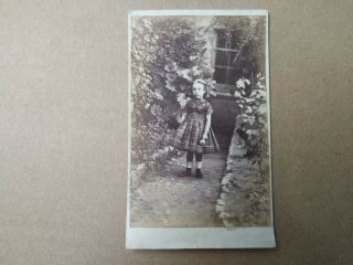 Cdv Victorian Photograph Of A Young Girl In A Garden,  No Studio