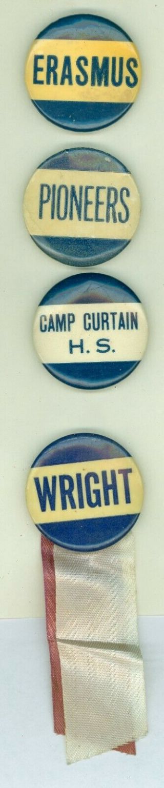 4 Vtg 1940s - 50s Erasmus Wright Camp Curtain High Football Pinback Buttons