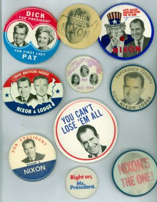 10 Vtg 1960 - 68 President Richard Nixon Campaign Pinback Buttons Pat For 1st Lady
