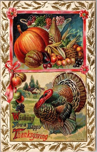 Wishing You A Happy Thanksgiving,  Turkey Pumpkin Veg C1910 Vintage Postcard Q21