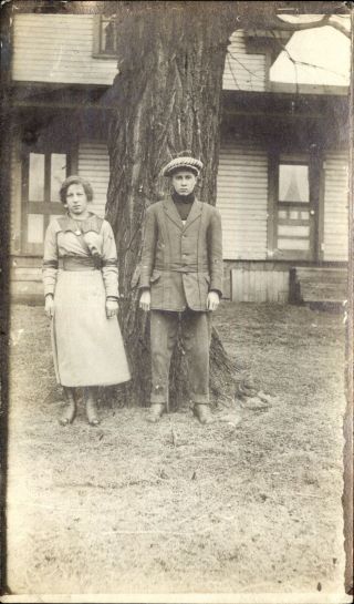 Siblings? Couple? Man And Woman By Tree High Button Shoes Vintage Photo