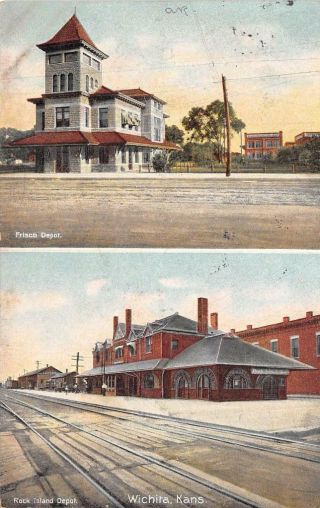Frisco & Rock Island Railroad Depots Wichita Kansas Train Stations Postcard 1909