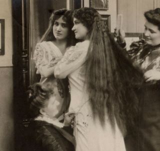 Women With Long Hair In Mirror Reflection German Photo Postcard Rppc