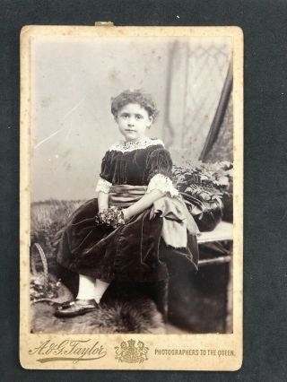 Victorian Photo: Cabinet Card: Child Velvet Dress Big Bow Sash: Taylor London