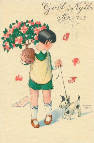 Adina Sand: Girl With Dog In Leash & Pot Of Flowers " Happy Year "