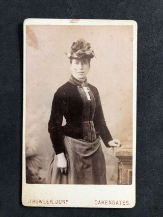 Victorian Carte De Visite Cdv: Lady Fancy Hat: Bowler Jun: Oakengates