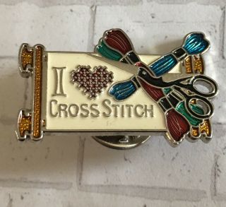 I Love Cross Stitch Lapel Pin Arts & Crafts Scissors Heart