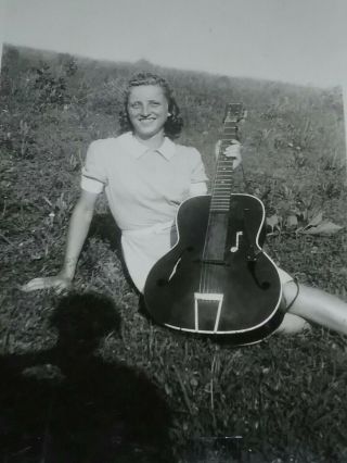 Vintage Snapshot Photo Young Girl With Guitar Dobro Gibson Fender 1940s