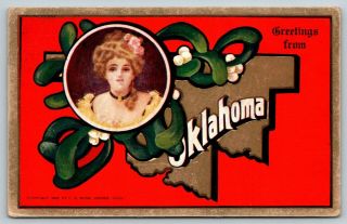 Oklahoma State Dance Hall Girl Mistletoe On Map Red Back F.  A.  Moss 1910 Haffner