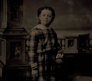 Old Vintage Antique Tintype Photo Cute Face Young Girl In Plaid Dress Outfit