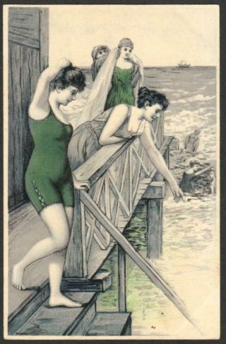 Vintage Chromo Art Nouveau Ppc - Fashionable Ladies In Green Bathing Suits
