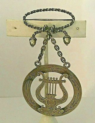 Antique Music Award Vintage Sterling Silver Harp Acorns Ribbon Medal