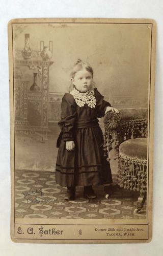 Vintage Victorian Photo Cabinet Card Young Girl E.  A.  Sather Tacoma