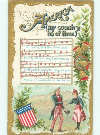 Pre - Linen Patriotic Uncle Sam & Song - America My Country Tis Of Thee Ac0821
