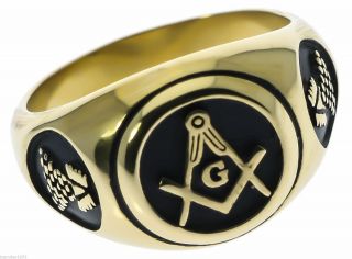 Masonic Mason Black Enamel Mens Ring 14k Gold Overlay Size 9 Tk2050