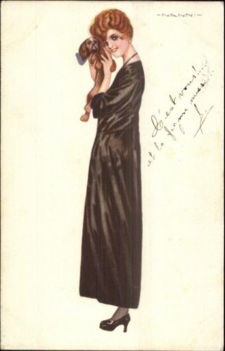 Nanni Art Deco Fasion Woman W/ Puppy Dog C1915 Postcard