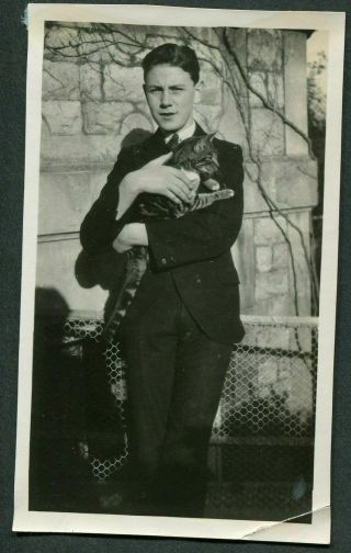 Vintage Photo Teen Boy Handsome Young Man W/ Pet Cat In Arms 977032