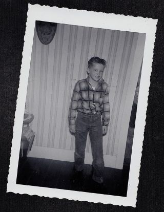 Vintage Antique Photograph Adorable Little Boy Wearing Plaid Shirt & Jeans