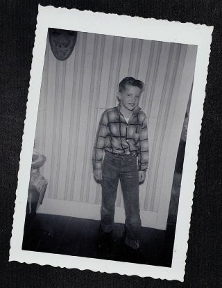 Vintage Antique Photograph Adorable Little Boy Wearing Plaid Shirt & Jeans 2