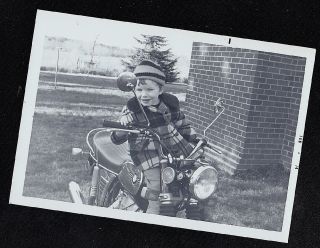 Old Vintage Photograph Adorable Little Boy Plaid Coat Riding On Motorcycle 1974