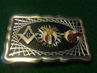 Masonic,  Legion Of Honor & Shriners Combo Belt Buckle Raised Enamel Silver Toned