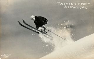 Stowe Ski Area,  Vt Richardson Rppc 1270 Skier Jumping In Fresh Powder C1945