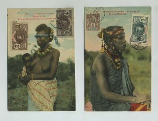 (2) 1910 French West Africa Nude Native Woman Postcards Stamps Cancels Hj5234