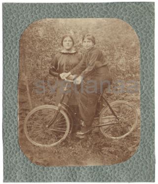 1910 Imp Russia Two Girls Young Women Dresses Bicycle Bike Antique Vintage Photo