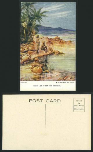 Hebrides Old Postcard 2 Native Little Boys Child Life Coast Palm Trees Rocks
