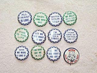 12 Antique Novelty Risque Pin - Back Button Pins 1940 