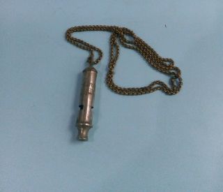 Vintage Antique Chrome On Brass Police Military Whistle Chain W Hook Cork Ball