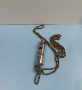 VINTAGE ANTIQUE CHROME ON BRASS POLICE MILITARY WHISTLE CHAIN w HOOK CORK BALL 3