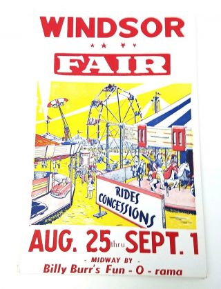 Vintage Windsor Fair Circus Cardboard Poster 22 X 14 " Fun O Rama