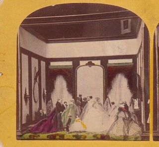 Vintage Albumen Stereoview 1860 Surreal Doll Wedding Party Tinted