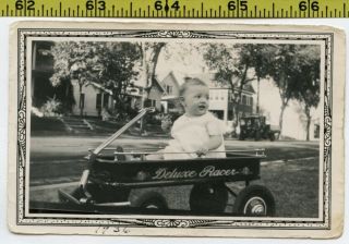 Vintage 1936 Photo / Little Girl In Deluxe Racer Toy Wagon Flees A Haunted House