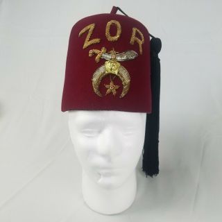Vintage Zor Fez Morrocan Shriner Red Wool Cap Hat W/ Black Tassel Size 7 - 1/8