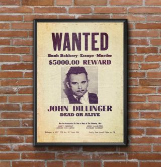 John Dillinger Depression Era Gangster 1934 Wanted Poster Bank Robber fine print 3