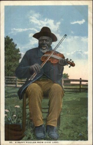 Black Americana Old Man Playing Fiddle C1920 Postcard