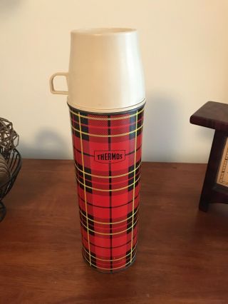 Vintage 1964 King Seeley Large Thermos Old Stock Red Plaid Nos 1960s