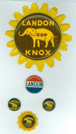 5 Vintage 1936 President Alf Landon Political Campaign Pinback Buttons Sunflower