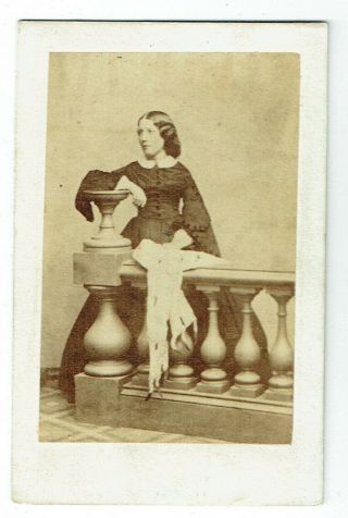 Victorian Cdv Photo Lady Standing By Balustrade Unstated Photographer