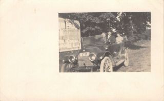 Real Photo Postcard Folks In Hand Crank Automobile 1913 License Plate 8735 Rppc