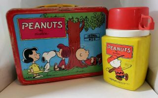 1973 Peanuts Charlie Brown,  Snoopy Metal Lunch Box With Thermos - Vintage
