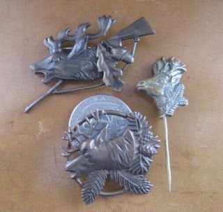 Three Stag & Rifle Oak Leaves Deer Hunting Hat Pins German 1940s