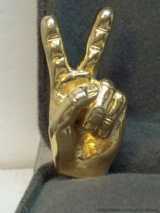 Vintage Anti War Peace Sign Hand Big Gold Tone Pin Protest 60s 70s Tie Tack Old