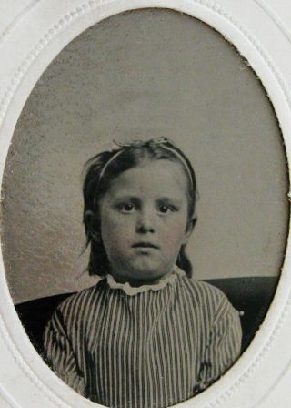 Tintype Photo Portrait Of A Pretty Little Girl Wearing A Lovely Striped Dress