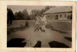 Old Vintage Antique Photograph Two Men In Shorts With No Shirts & Cigarette