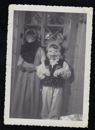 Old Vintage Antique Orig.  Photograph Two Children In Creepy Halloween Costumes